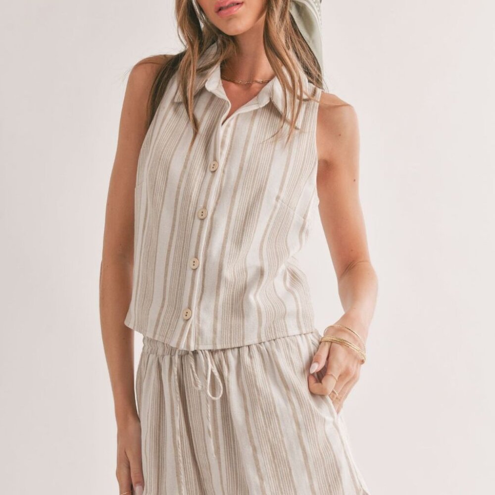 Women's Linen Blend Collared Tank Top | Ivory Taupe